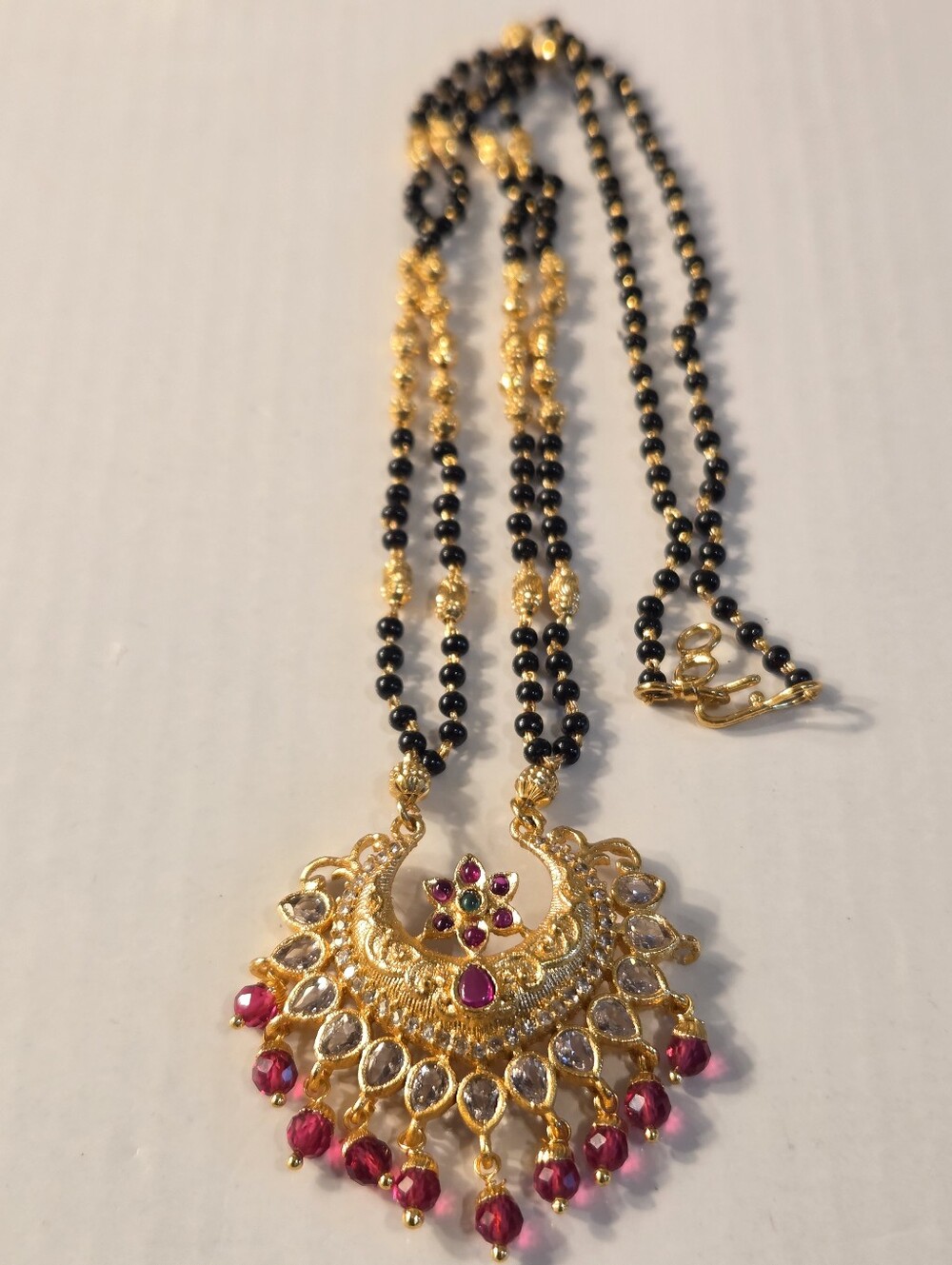 Gold-Tone Black Bead Mangalsutra Necklace with Pink Accents